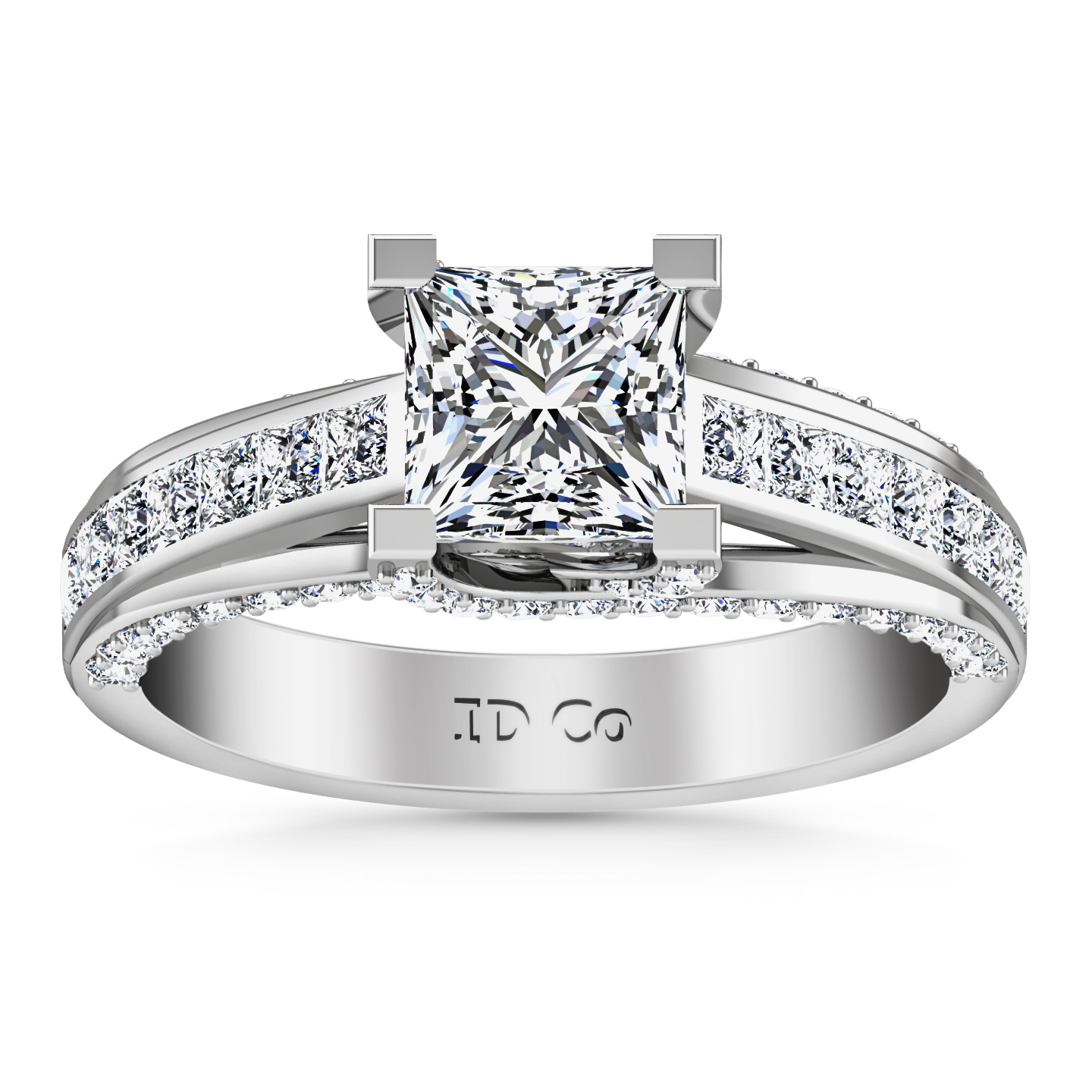 14K White Gold Hand Engraved Channel Set Princess Shape Diamond Engagement  Ring